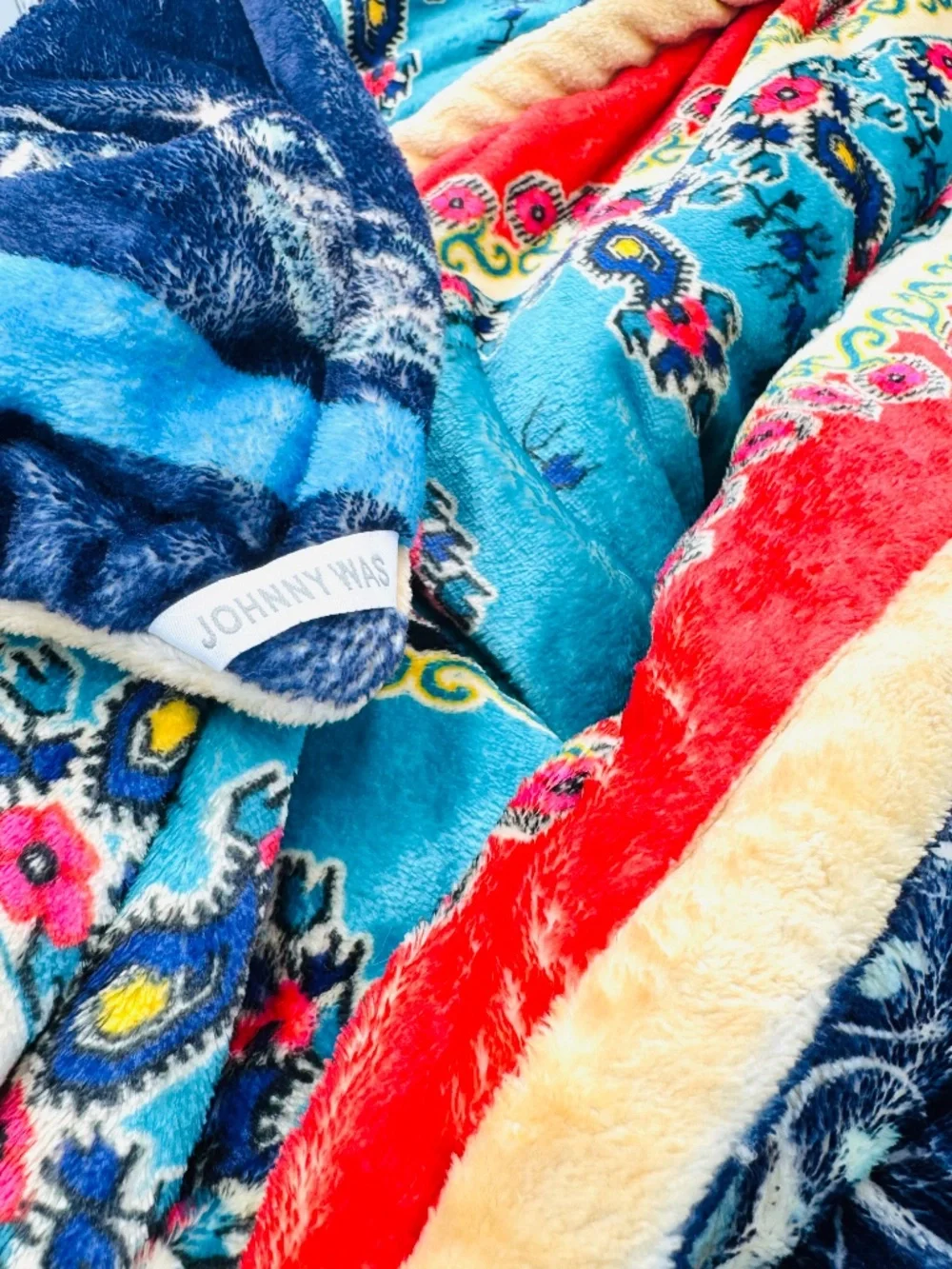 Johnny Was Spring Phoenix Cozy Blanket 75x68 Blue Red Reversible Soft Thick Boho